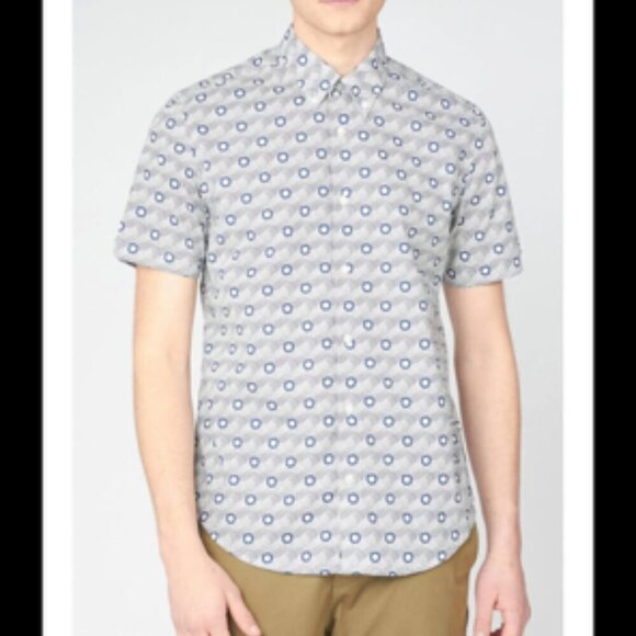 BEN SHERMAN Short Sleeve Retro Blue Print Shirt Sz Medium - Picture 3 of 12